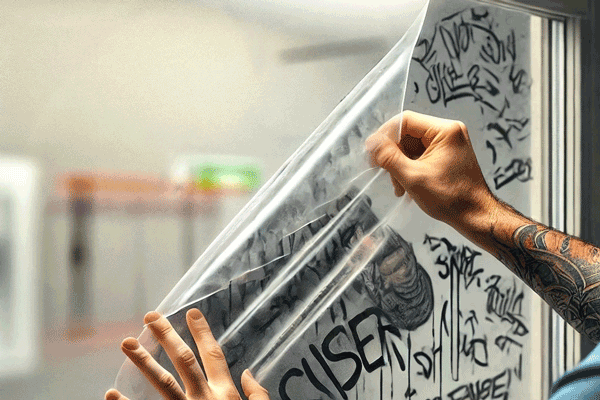 Man removing an anti-graffiti film from a glass pane – the graffiti is only on the film, not on the glass.